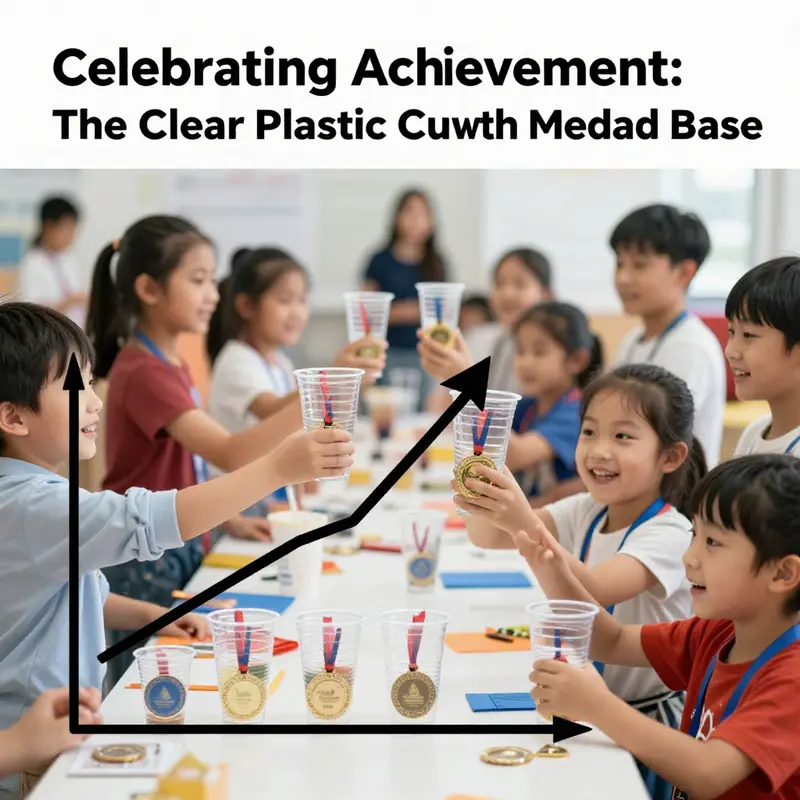 Close-up of the clear plastic cup showcasing its medal base and child-friendly design.