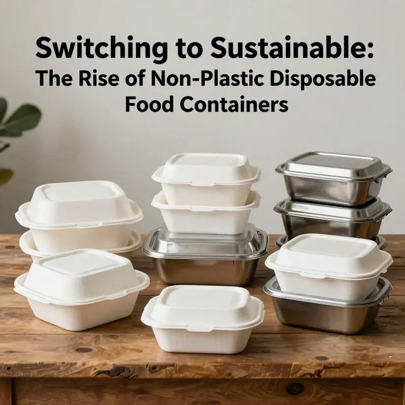 A diverse selection of non-plastic disposable food containers emphasizing eco-friendly options.