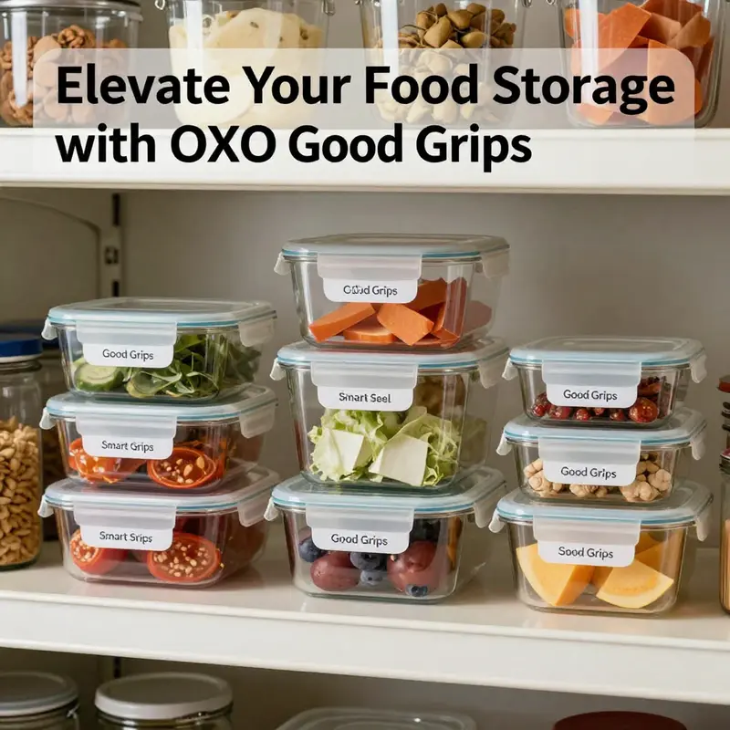 Neat arrangement of OXO Good Grips 5.1-Cup Smart Seal Containers on a restaurant shelf, highlighting their versatility.