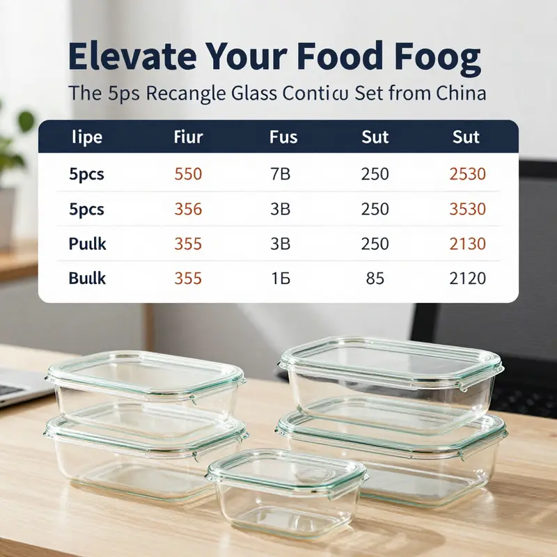 A beautifully arranged set of 5 rectangular glass food containers showcasing their quality and functionality.