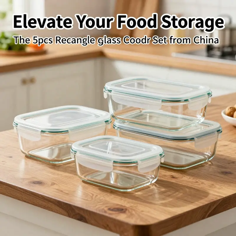 A beautifully arranged set of 5 rectangular glass food containers showcasing their quality and functionality.