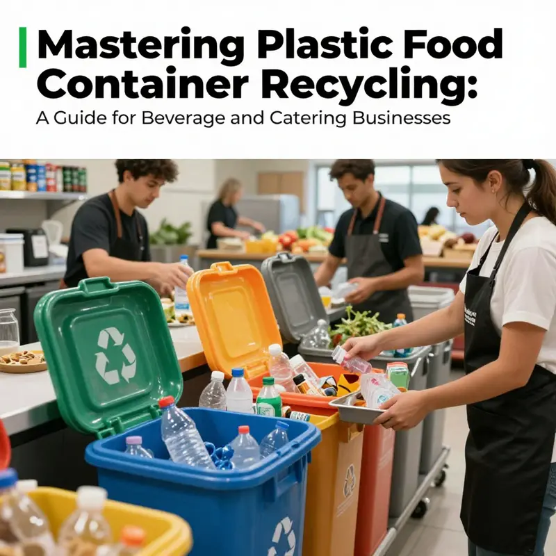 Staff in a food service environment actively recycling plastic containers, emphasizing sustainability practices.