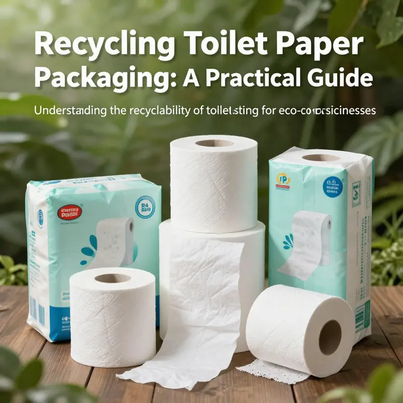 A diverse display of toilet paper packaging materials highlighting recyclable versus non-recyclable options, with greenery.