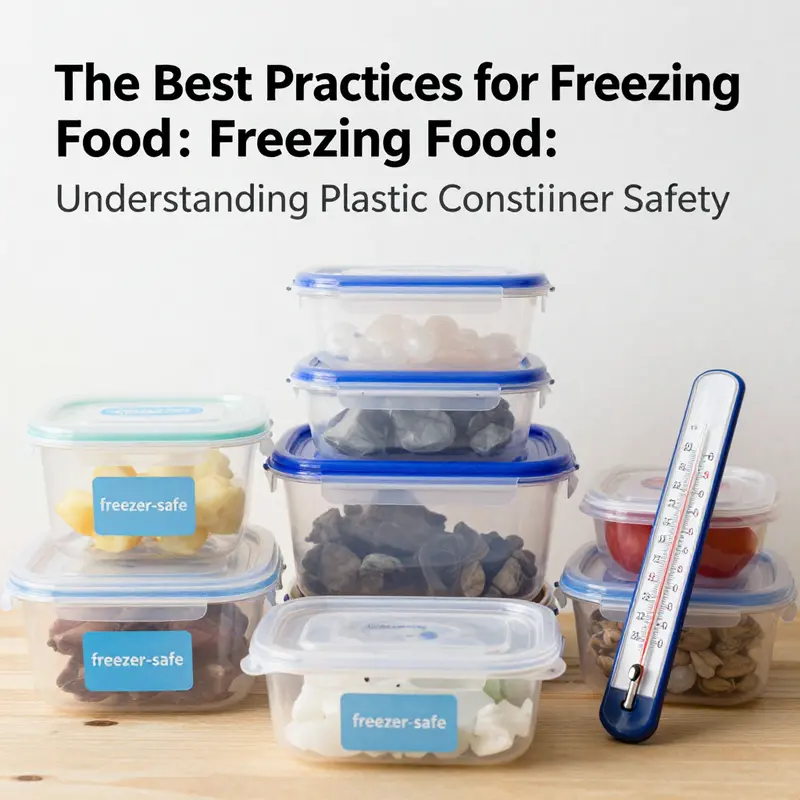 Different types of plastic containers with freezer-safe labels, emphasizing safety in food storage.
