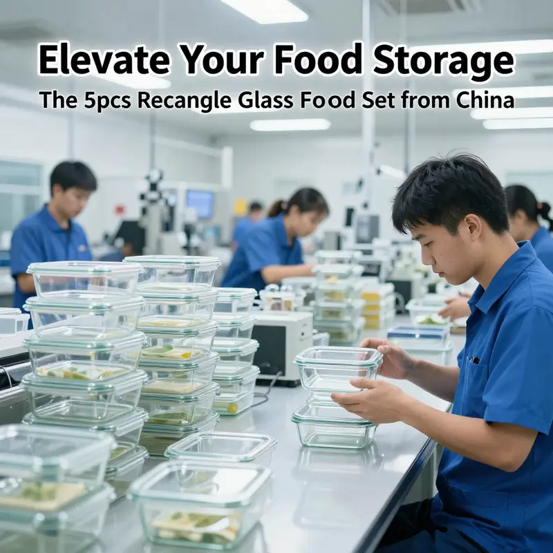 A beautifully arranged set of 5 rectangular glass food containers showcasing their quality and functionality.