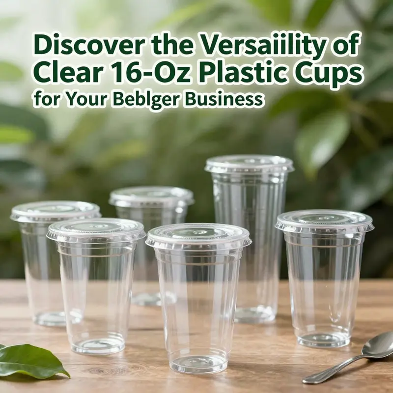 Clear 16-oz plastic cups emphasize performance with clarity and sturdiness, perfect for a vibrant café setting.