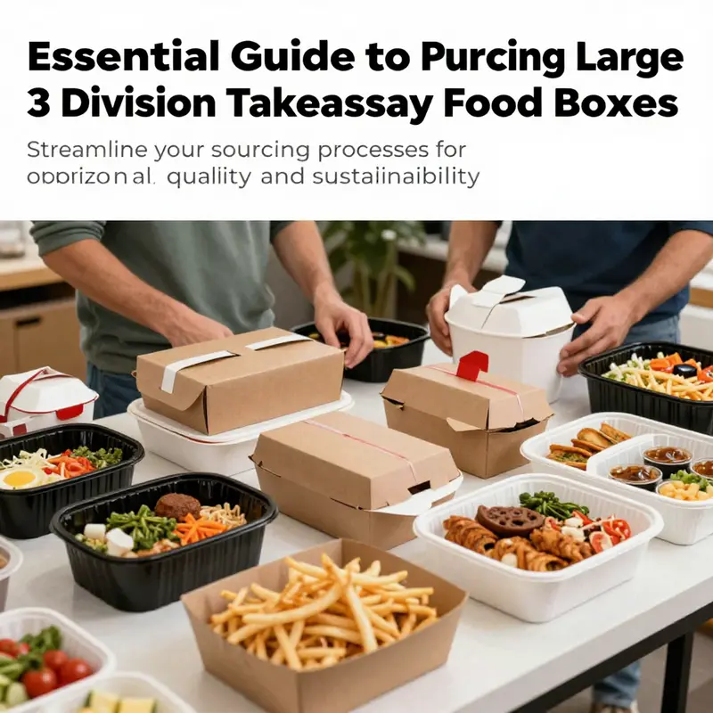 A dynamic image of large 3-compartment takeaway food boxes being packed for delivery in a food service setting.