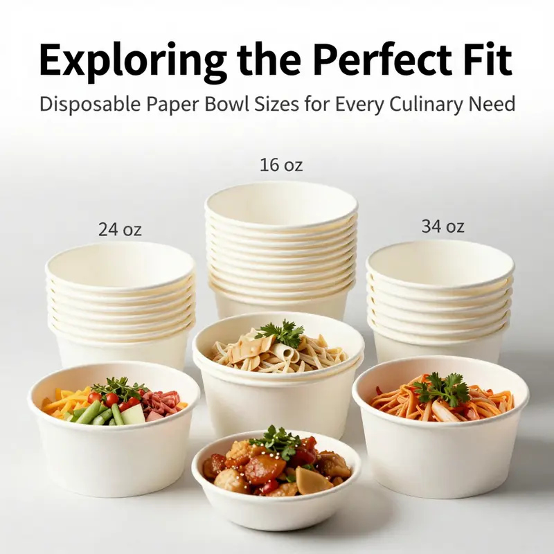 A visual representation of different disposable paper bowl sizes alongside corresponding food items.