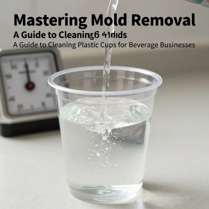 Scrubbing the inner side of a plastic cup to remove visible mold stains using baking soda.