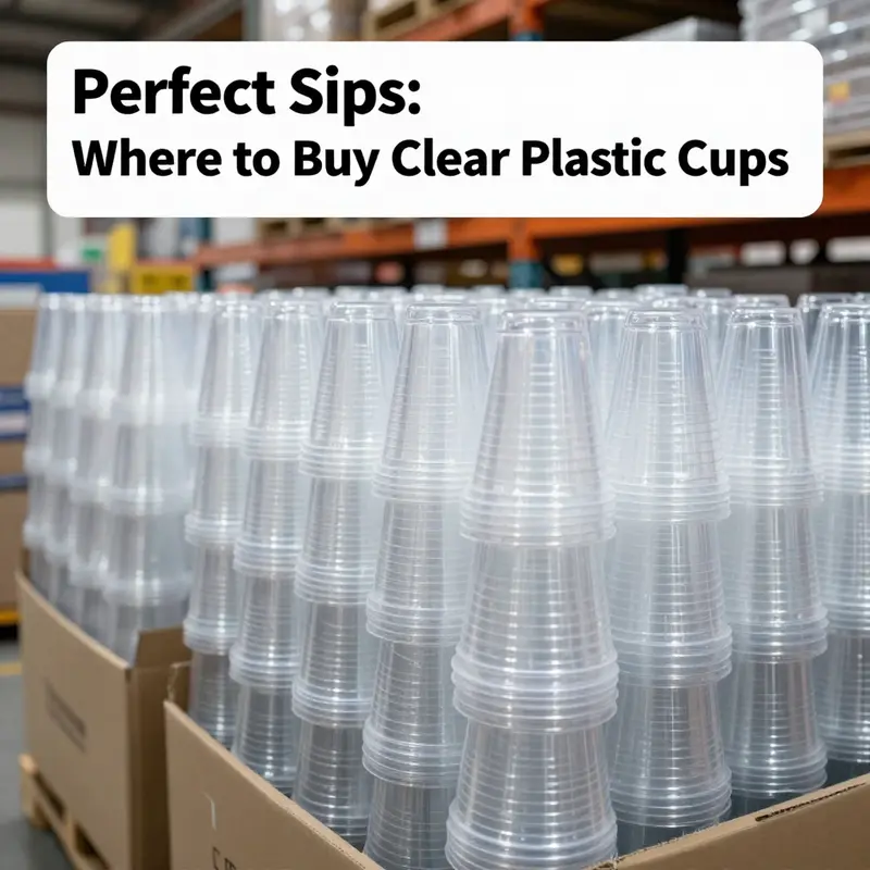 A variety of clear plastic cone cups showcased with an open Alibaba webpage highlighting purchasing options.