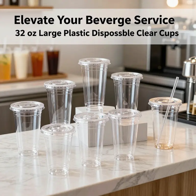 32 oz large plastic disposable clear cups in use at a bustling beverage shop.