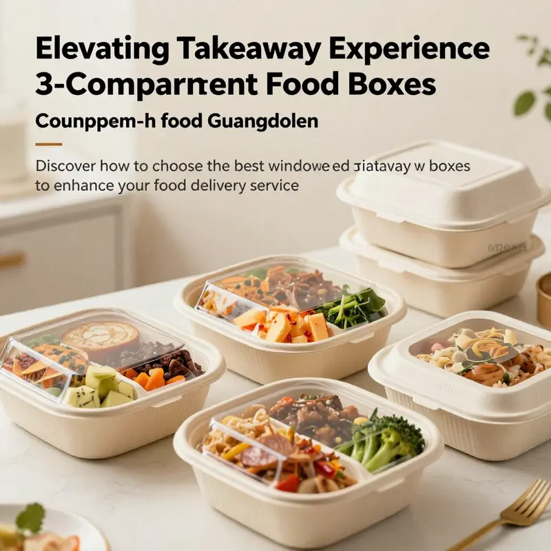 A decorated table featuring 3-compartment takeaway food boxes with windows filled with colorful meals, showcasing food presentation.