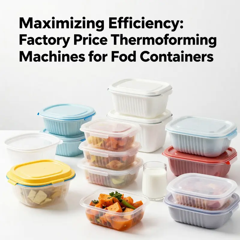 A display of various thermoforming machines designed for producing plastic food containers at factory pricing.