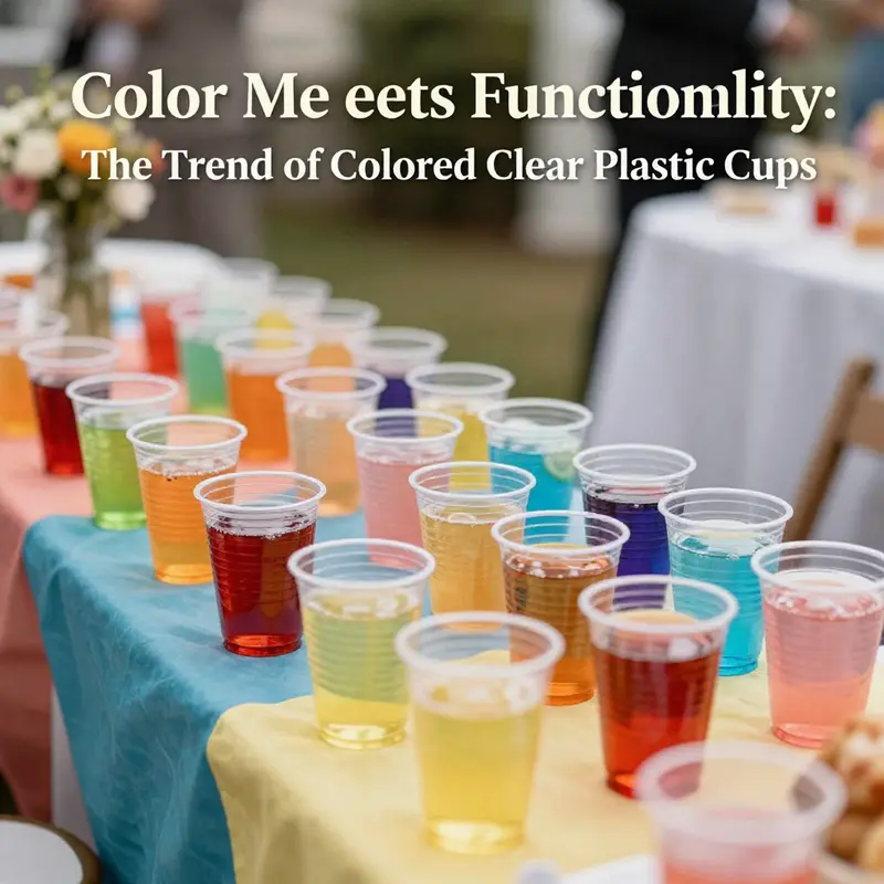 The transparent yet colorful design highlights the material qualities of colored clear plastic cups.