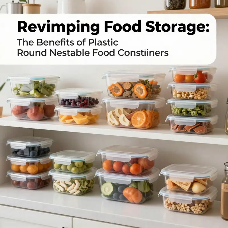 Innovative design of plastic round nestable food containers focused on stackability and convenience.