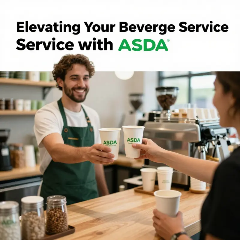A lively café scene with a barista serving drinks in Asda disposable paper cups.