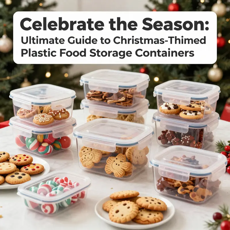 A collection of Christmas-themed plastic food storage containers featuring delightful holiday designs.