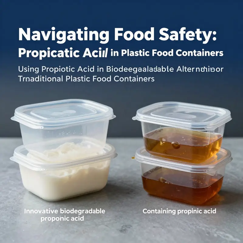 Plastic food containers labeled with propionic acid as a preservative for food safety.