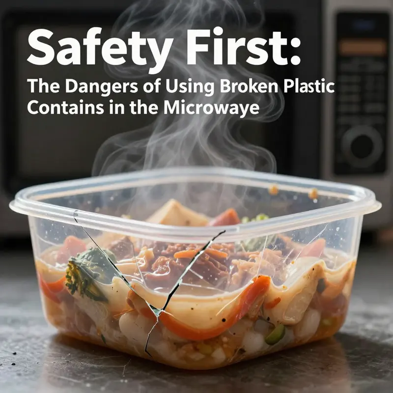 A cracked plastic container in a microwave poses serious food safety risks.