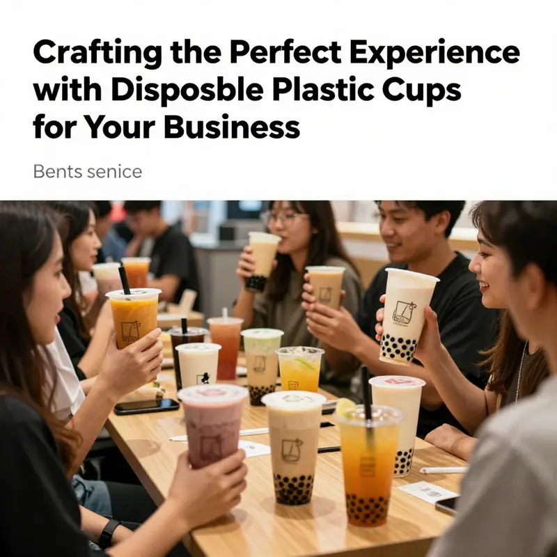 A vibrant bubble tea shop filled with happy customers enjoying drinks served in colorful disposable plastic cups.