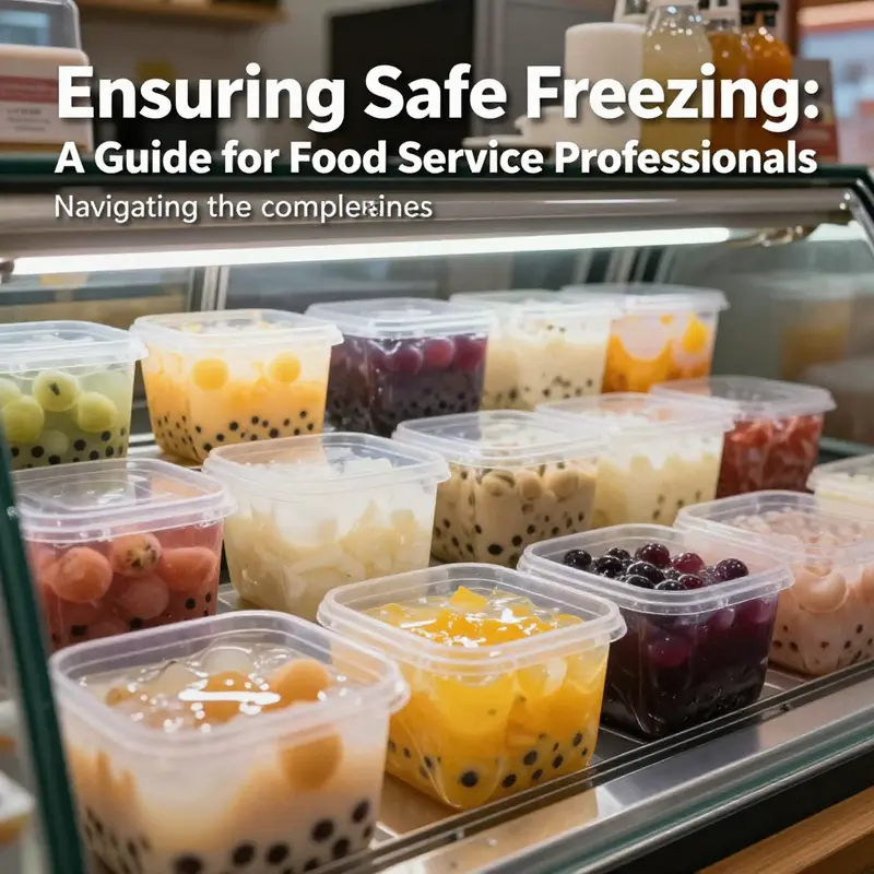 A bubble tea shop with frozen ingredients neatly stored in clear plastic containers, emphasizing safe food handling practices.