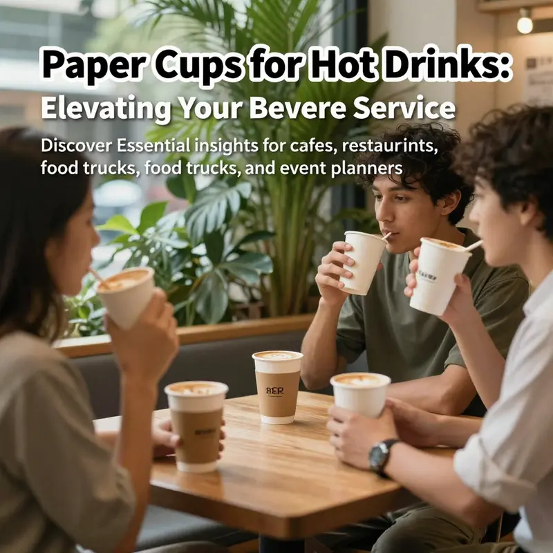 A vibrant café scene depicting happy customers sipping drinks from paper cups for hot beverages.