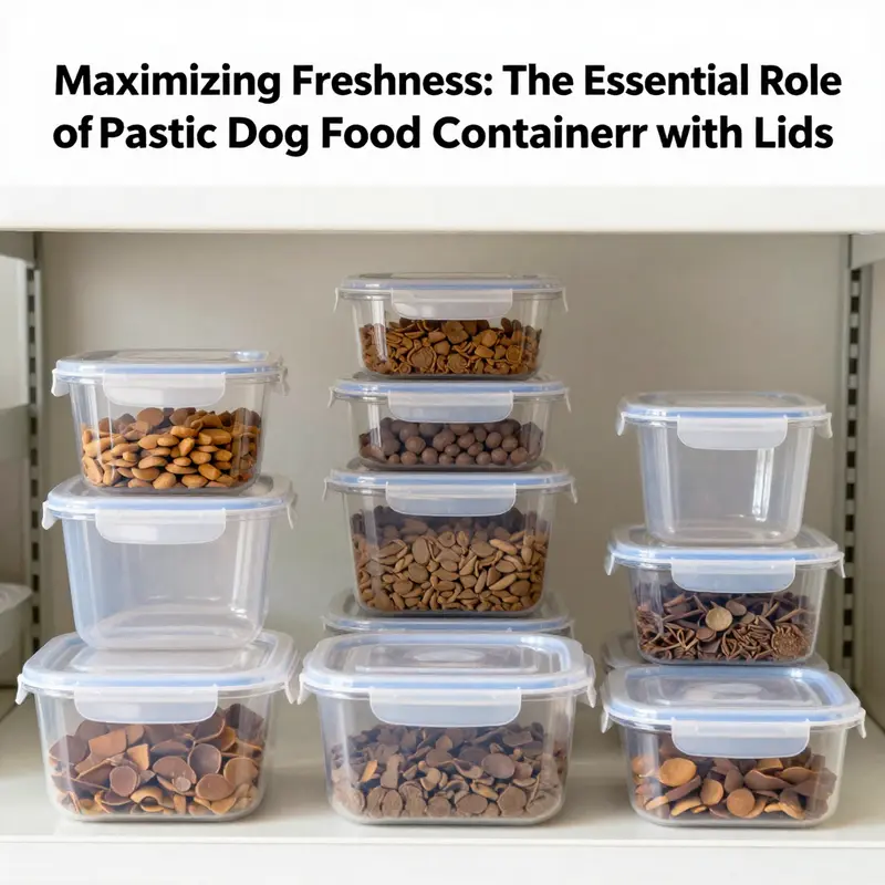 A robust plastic dog food container designed for durability and easy access in a modern kitchen.