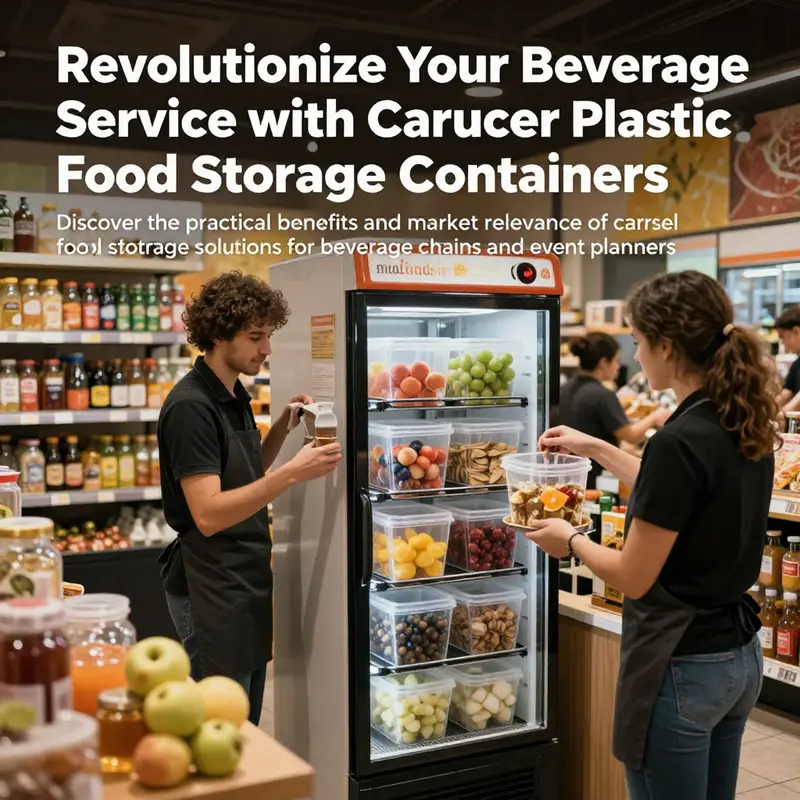 A vibrant beverage shop interior showing staff using carousel-style plastic food storage containers for efficient service.