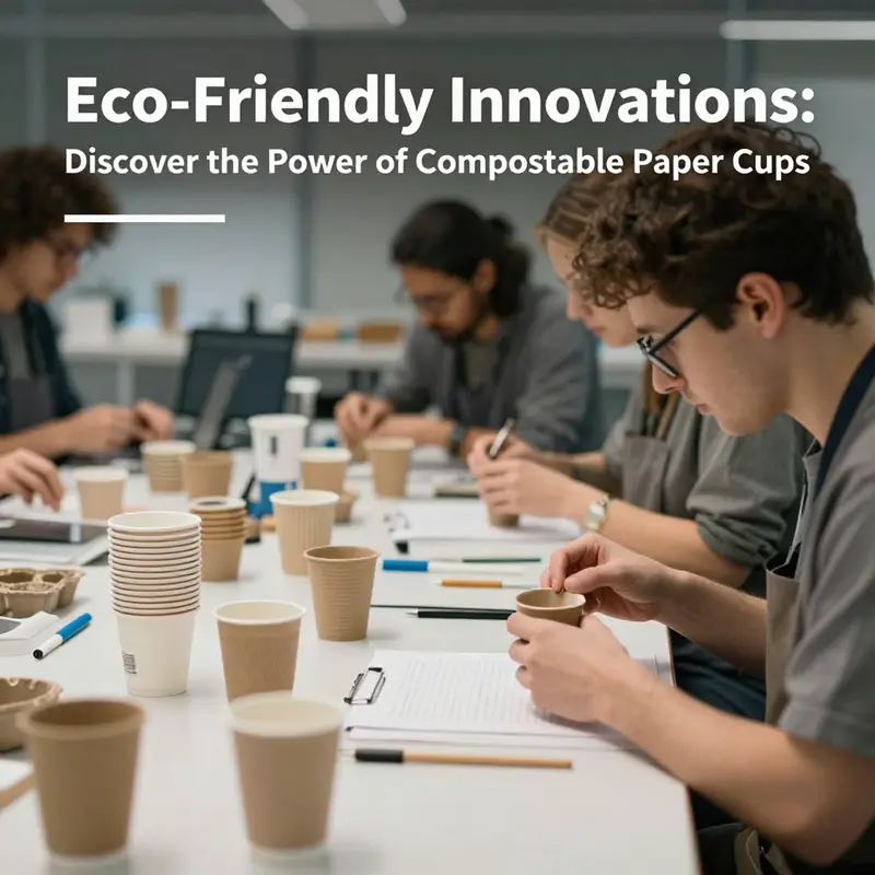 A range of compostable cups displayed in a vibrant café setting.