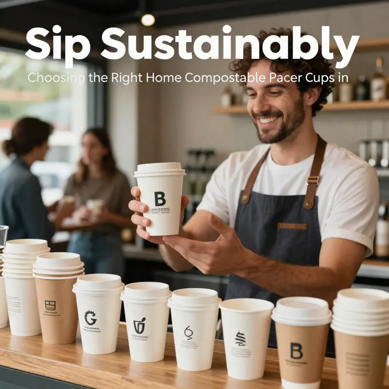 Home compostable paper cups displayed with clear certification labels emphasizing their eco-friendly properties.