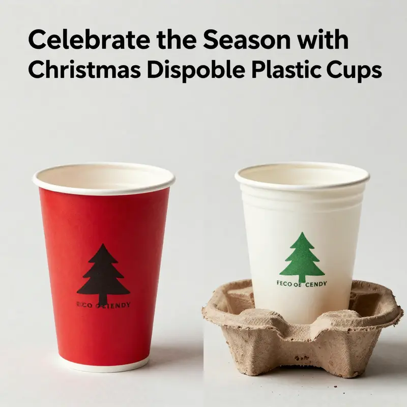A vibrant assortment of Christmas disposable plastic cups showcasing festive designs.