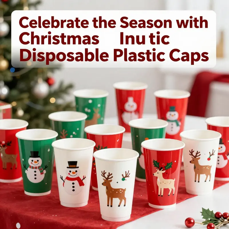 A vibrant assortment of Christmas disposable plastic cups showcasing festive designs.
