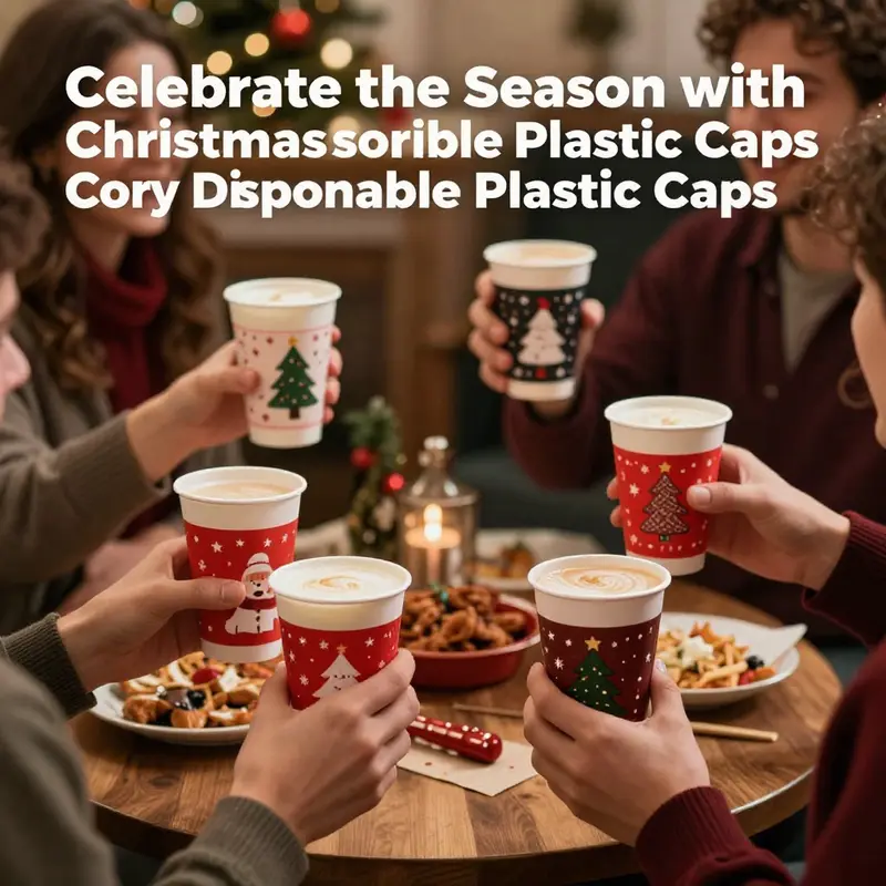 A vibrant assortment of Christmas disposable plastic cups showcasing festive designs.