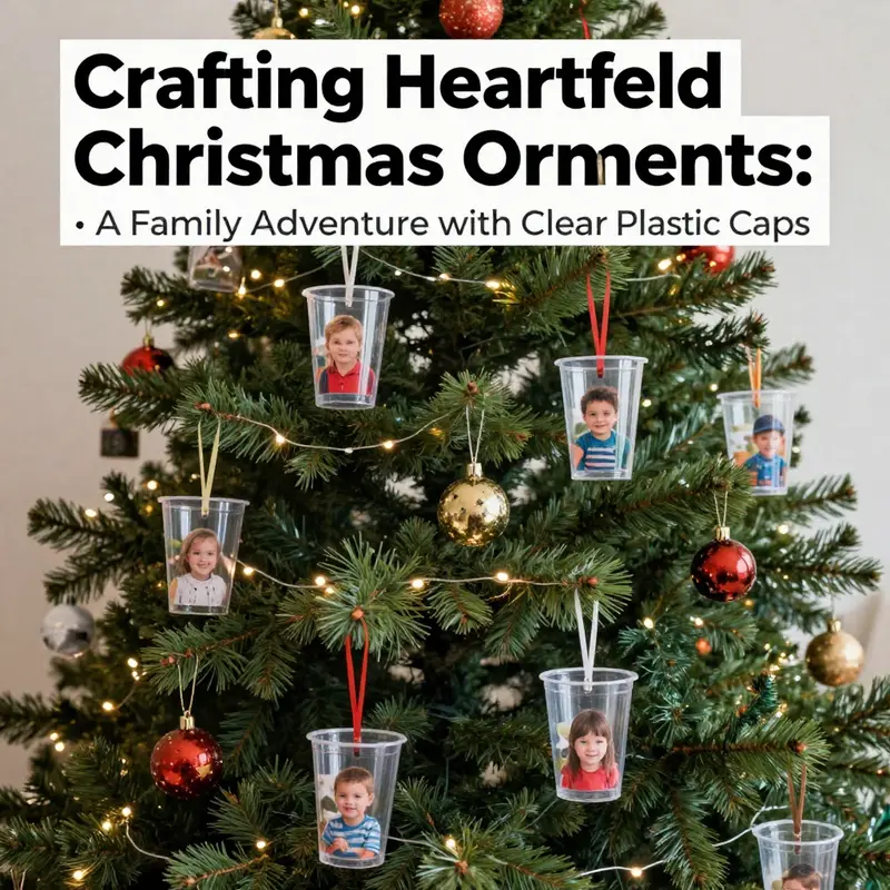 A festive Christmas tree showcasing creative ornaments made from children's pictures on clear plastic cups.