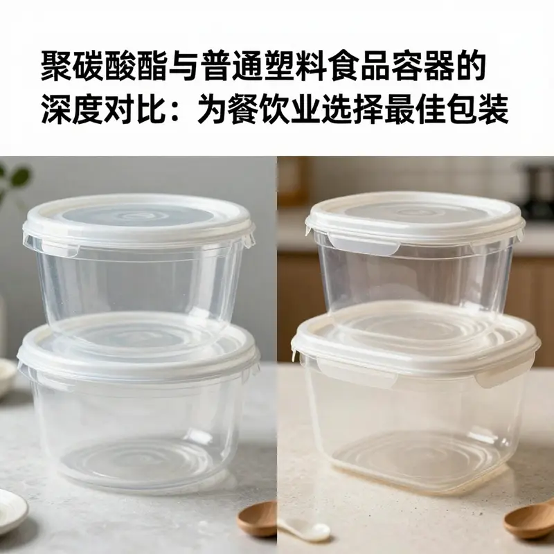 聚碳酸酯与普通塑料容器的特性对比，突出聚碳酸酯的透明度与耐热性。