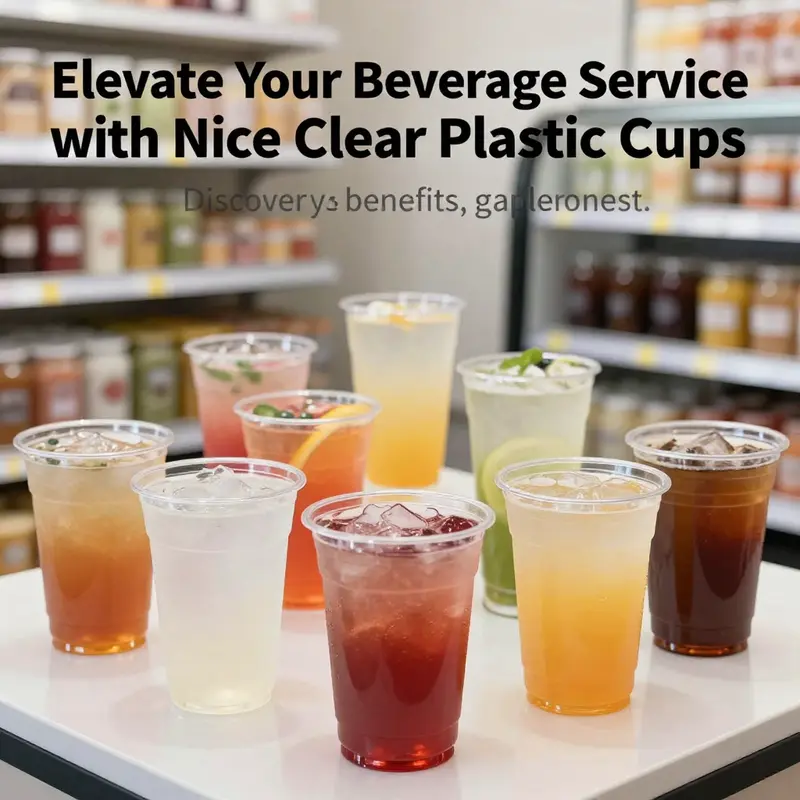 A variety of clear plastic cups filled with drinks arranged attractively, showcasing their appeal.