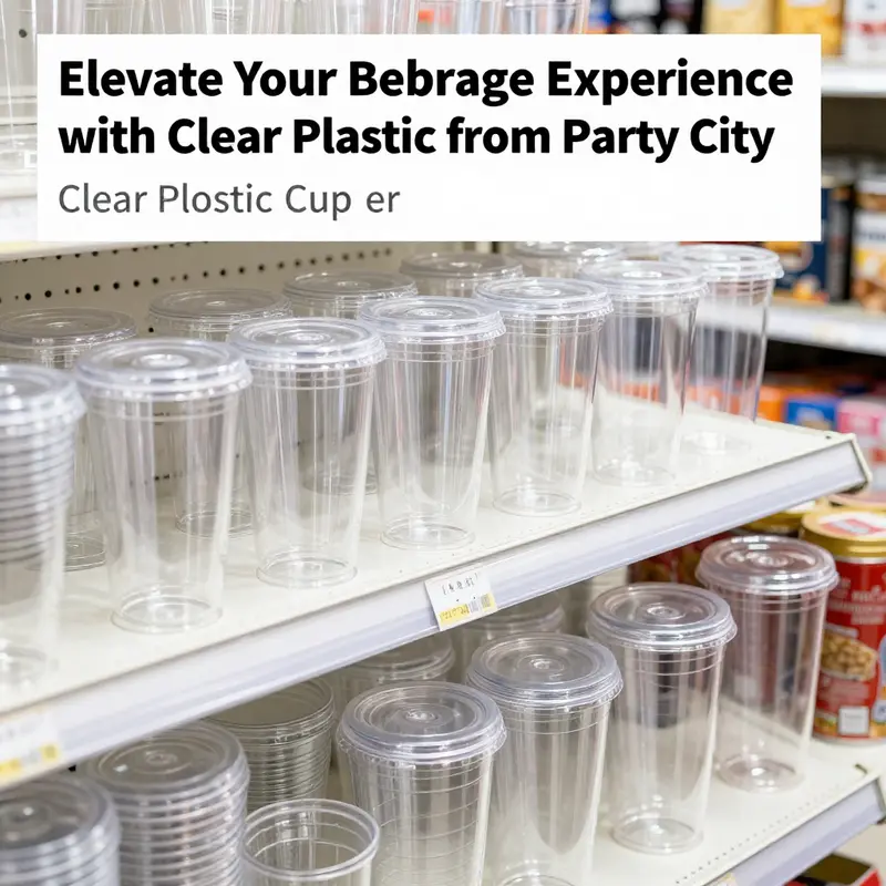 An overview of clear plastic cups with lids available at Party City.