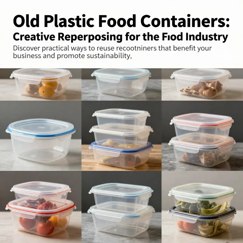 A visually engaging montage of repurposed old plastic food containers used across various food industry settings.