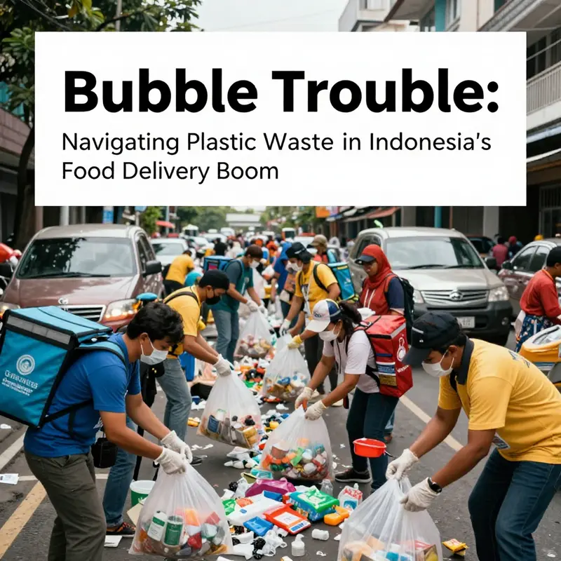 An urban scene depicting the growing trend of food delivery services in Indonesia amidst increasing plastic waste concerns.