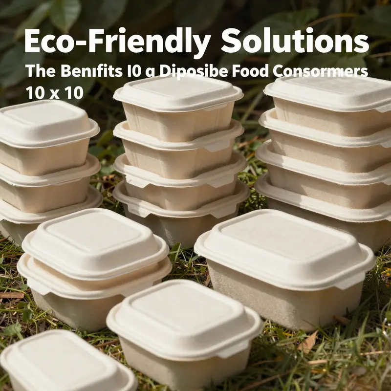 Showcasing eco-friendly 10 x 10 inch compostable food containers made from sugarcane fiber.