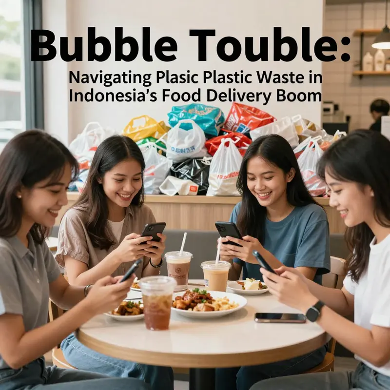 An urban scene depicting the growing trend of food delivery services in Indonesia amidst increasing plastic waste concerns.