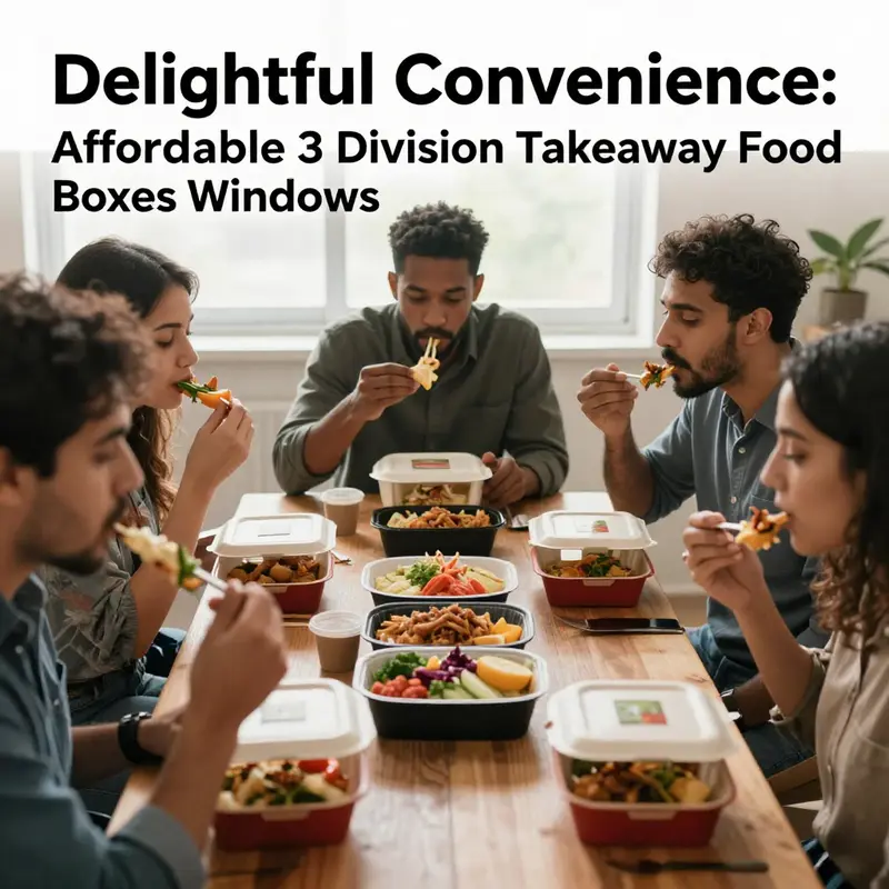 A lively marketplace showcasing various styles of 3-division takeaway food boxes with windows.