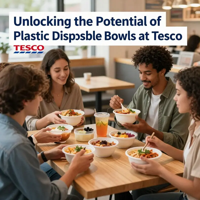 A showcase of Tesco’s offering of plastic disposable bowls, highlighting their variety and availability.