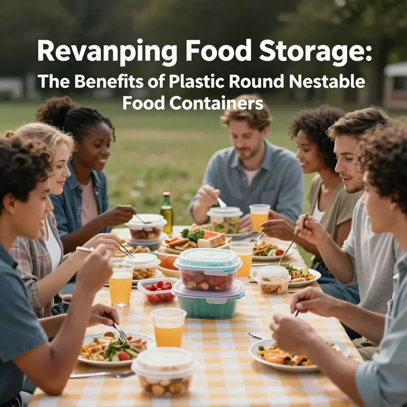 Innovative design of plastic round nestable food containers focused on stackability and convenience.