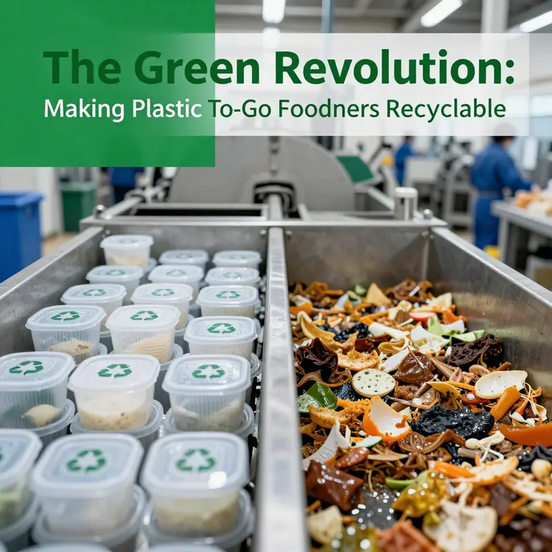 Different types of plastic to-go food containers highlighting their recycling symbols and classifications.