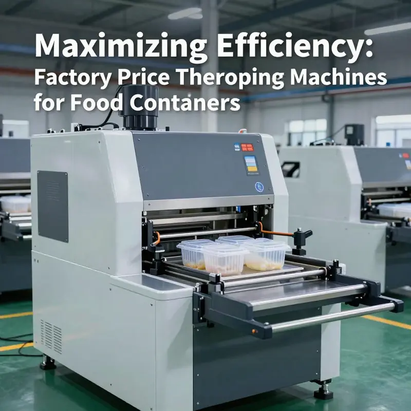 A display of various thermoforming machines designed for producing plastic food containers at factory pricing.