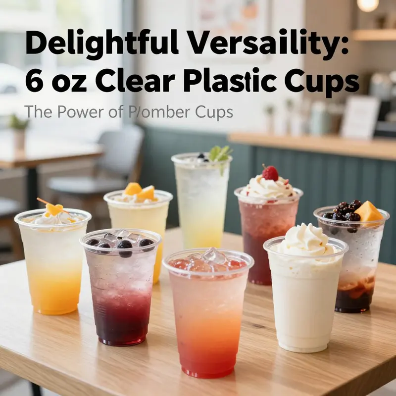 A collection of 6 oz clear plastic cups filled with vibrant, colorful drinks and desserts in a café.