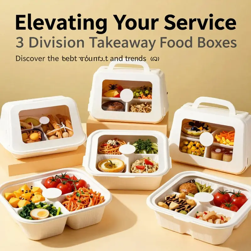 A colorful arrangement of various 3 division takeaway food boxes with windows filled with delicious food items.