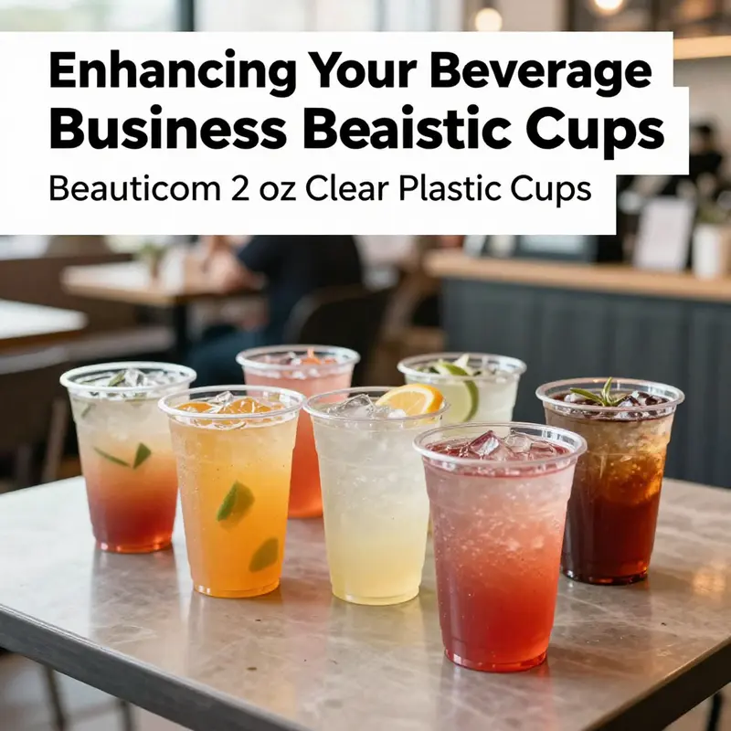 Beauticom 2 oz clear plastic cups filled with colorful beverages on a cafe table.
