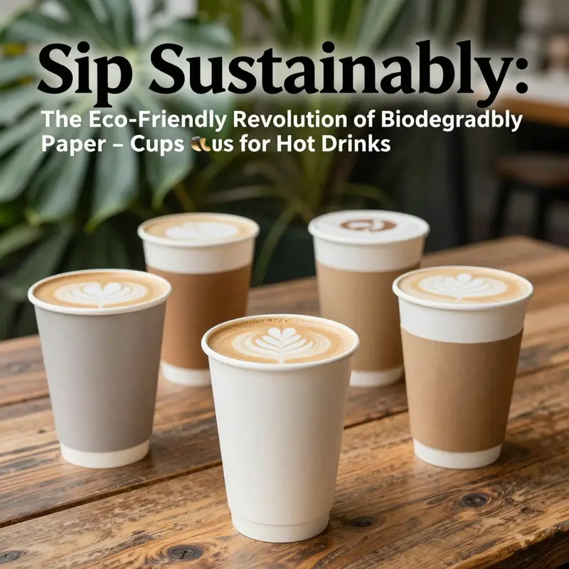 An inviting display of biodegradable paper cups with hot beverages, emphasizing eco-friendly practices in beverage service.